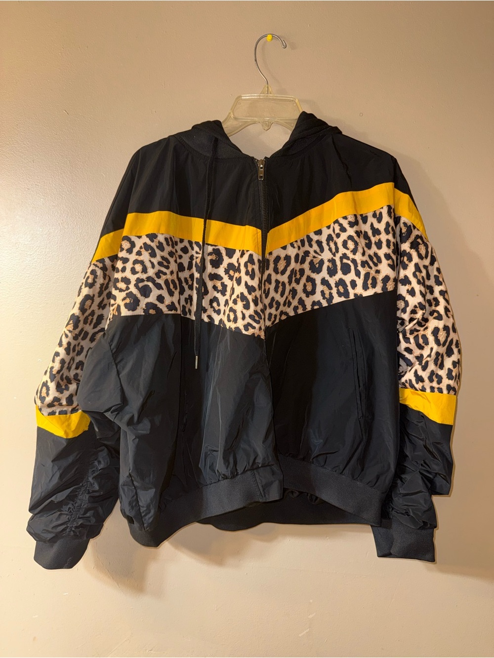 Windsor Black Hooded Windbreaker Jacket with Leopard Print and Yellow Accent